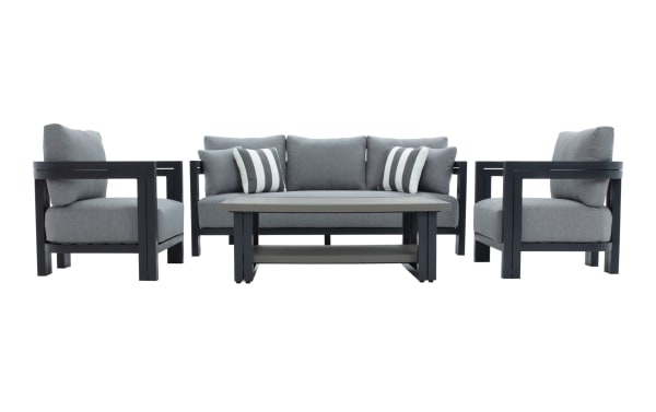 Modern outdoor patio furniture set with black metal frame, gray cushioned seats, two armchairs, a three-seater sofa, and a rectangular coffee table.