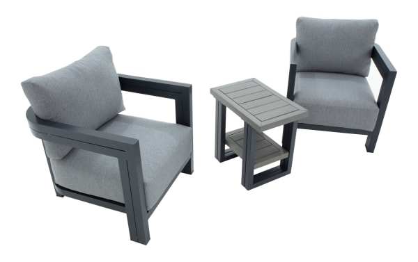 Modern outdoor patio set with two gray cushioned armchairs and a matching gray slatted side table, featuring metal frames and contemporary design.