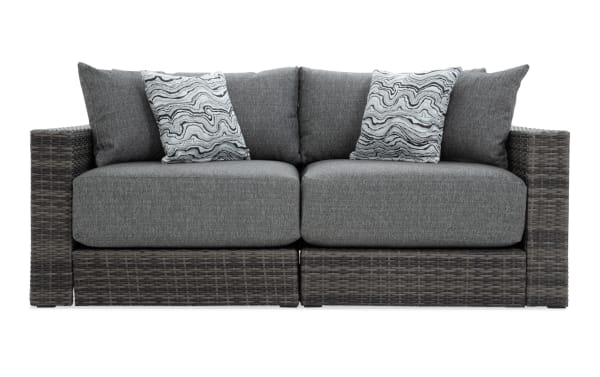 Modular Bob® 2 Piece Gray Wicker Outdoor Loveseat in transitional style, featuring gray all-weather wicker, rust-proof aluminum frame, and plush polyester cushions with memory foam.