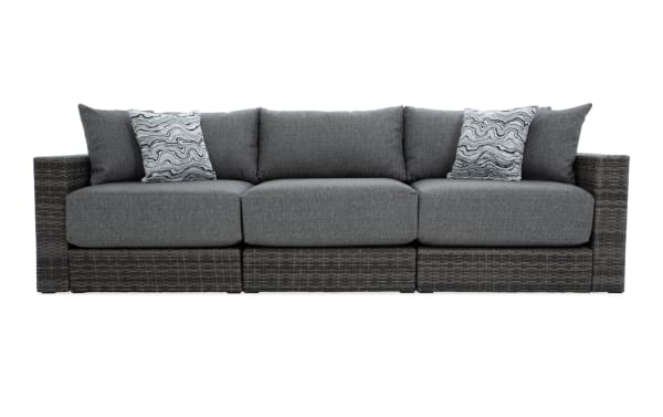 Modular Bob® 3 Piece Gray Wicker Outdoor Conversation Set with gray all-weather wicker, rust-proof aluminum frame, and plush polyester cushions in transitional style.