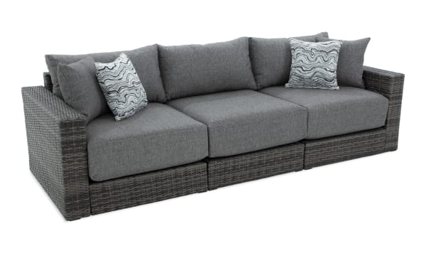 Modular Bob® 3 Piece Gray Wicker Outdoor Conversation Set with gray all-weather wicker, aluminum frame, and plush polyester cushions in transitional style.