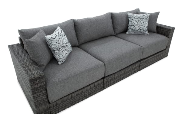 Modular Bob® 3 Piece Gray Wicker Outdoor Conversation Set with gray polyester cushions, all-weather wicker, aluminum frame, and transitional style.