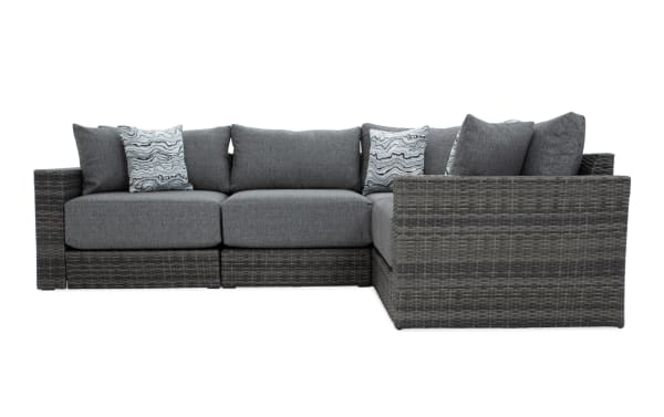 Modular Bob® 4 Piece Gray Wicker Outdoor Conversation Set with gray all-weather wicker, rust-proof aluminum frame, and plush polyester cushions in transitional style.