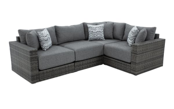 Modular Bob® 4 Piece Gray Wicker Outdoor Conversation Set with gray all-weather wicker, rust-proof aluminum frame, and soft polyester cushions in transitional style.