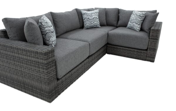 Modular Bob® 4 Piece Gray Wicker Outdoor Conversation Set in transitional style, featuring all-weather wicker, rust-proof aluminum frame, and gray polyester cushions with memory foam.