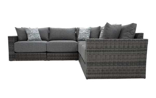 Modular Bob® 5 Piece Gray Wicker Outdoor Conversation Set with all-weather wicker, rust-proof aluminum frame, gray polyester cushions, and transitional style.