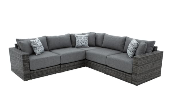Modular Bob® 5 Piece Gray Wicker Outdoor Conversation Set with rust-proof aluminum frame, all-weather wicker, and gray polyester cushions in transitional style.