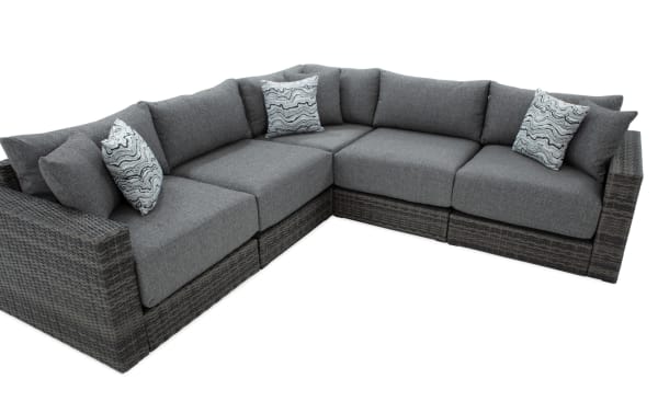 Modular Bob® 5 Piece Gray Wicker Outdoor Conversation Set with gray all-weather wicker, rust-proof aluminum frame, and soft polyester cushions in transitional style.