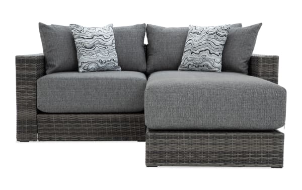 Modular Bob® 3 Piece Gray Wicker Loveseat with Ottoman in transitional style, featuring all-weather gray wicker, rust-proof aluminum frame, and soft gray polyester cushions with memory foam.