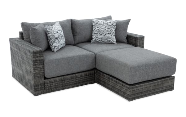 Modular Bob® 3 Piece Gray Wicker Loveseat with Ottoman in transitional style, featuring all-weather gray wicker, rust-proof aluminum frame, and plush polyester cushions with memory foam.