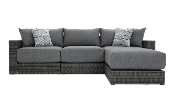 Modular Bob® 4 Piece Gray Wicker Outdoor Conversation Set with Ottoman, transitional style, all-weather wicker, rust-proof aluminum frame, gray polyester cushions with memory foam, versatile sectional for outdoor seating.