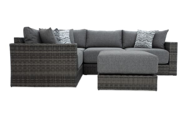 Modular Bob® 5 Piece Gray Wicker Outdoor Conversation Set with Ottoman, transitional style, all-weather wicker, rust-proof aluminum frame, gray polyester cushions with memory foam, versatile sectional for outdoor spaces.