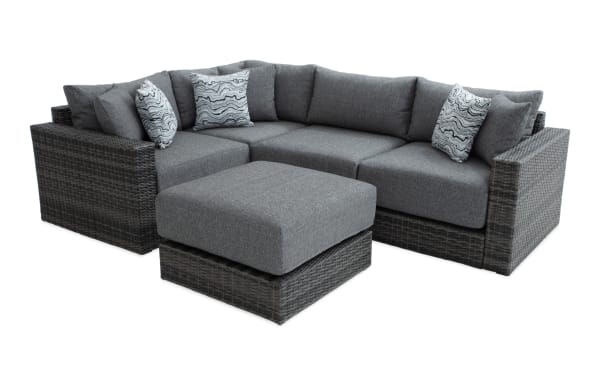 Modular Bob® 5 Piece Gray Wicker Outdoor Conversation Set with Ottoman, transitional style, all-weather wicker and aluminum frame, gray polyester cushions with memory foam, versatile sectional for outdoor seating.