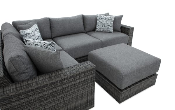 Modular Bob® 5 Piece Gray Wicker Outdoor Conversation Set with Ottoman, transitional style, gray all-weather wicker and rust-proof aluminum frame, polyester fabric cushions with memory foam, versatile modular design for outdoor seating.