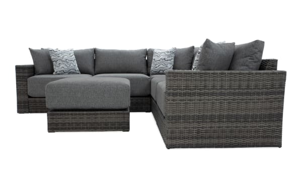Modular Bob® 6 Piece Gray Wicker Outdoor Conversation Set with Ottoman, transitional style, all-weather wicker and aluminum frame, gray polyester cushions with memory foam, versatile sectional for outdoor seating.