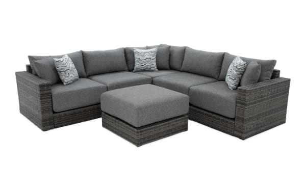 Modular Bob® 6 Piece Gray Wicker Outdoor Conversation Set with Ottoman, transitional style, all-weather wicker and aluminum frame, gray polyester cushions with memory foam, versatile sectional for outdoor spaces.