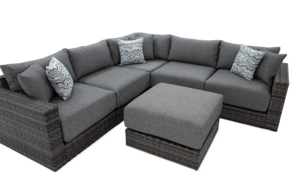 Modular Bob® 6 Piece Gray Wicker Outdoor Conversation Set with Ottoman, transitional style, gray all-weather wicker and aluminum frame, polyester cushions with memory foam, versatile sectional for outdoor use.