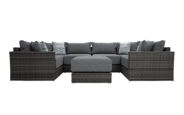 Modular Bob® 7 Piece Gray Wicker Outdoor Conversation Set with Ottoman, transitional style, all-weather wicker and aluminum frame, gray polyester cushions with memory foam.
