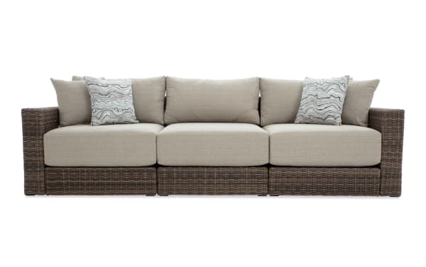 Modular Bob® 3 Piece Beige & Brown Wicker Outdoor Conversation Set with rust-proof aluminum frame, all-weather wicker, and beige polyester cushions in transitional style