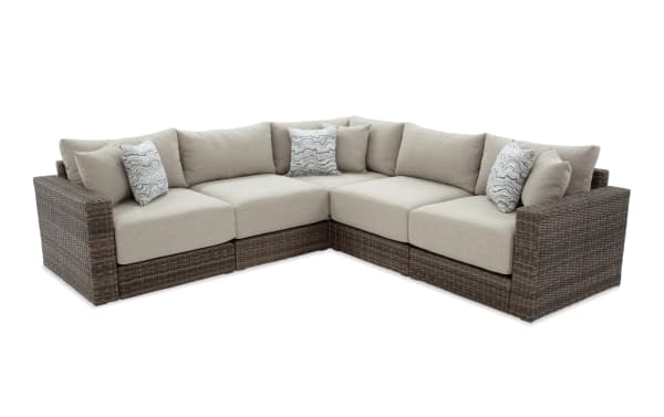 Modular Bob® 5 Piece Beige & Brown Wicker Outdoor Conversation Set with all-weather wicker, rust-proof aluminum frame, beige polyester cushions, and memory foam for transitional outdoor seating.