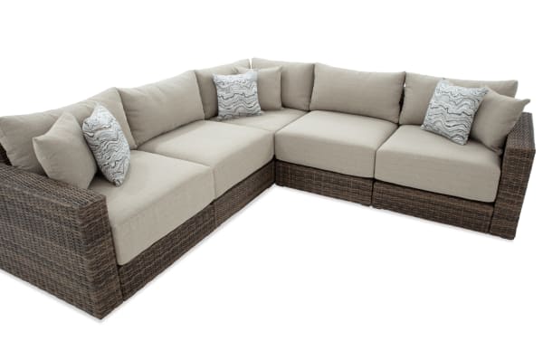 Modular Bob® 5 Piece Beige & Brown Wicker Outdoor Conversation Set with aluminum frame, all-weather wicker, beige polyester cushions, and memory foam seating.
