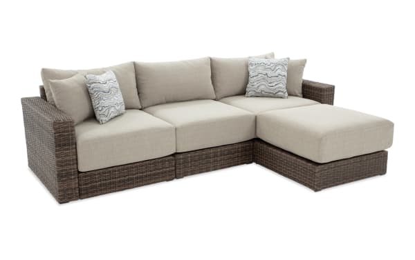 Modular Bob® 4 Piece Beige & Brown Wicker Outdoor Conversation Set with Ottoman, transitional style, all-weather wicker, rust-proof aluminum frame, beige polyester cushions with memory foam.