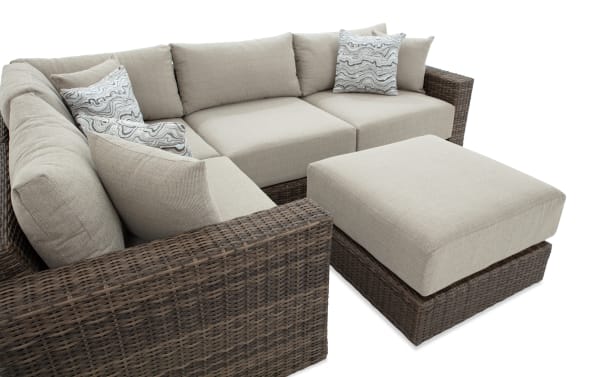 Modular Bob® 5 Piece Beige & Brown Wicker Outdoor Conversation Set with Ottoman, transitional style, all-weather wicker, rust-proof aluminum frame, beige polyester cushions with memory foam, versatile modular design for outdoor seating.