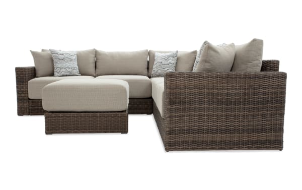 Modular Bob® 6 Piece Beige & Brown Wicker Outdoor Conversation Set with Ottoman, transitional style, all-weather wicker and rust-proof aluminum frame, beige polyester cushions with memory foam, versatile sectional for outdoor spaces.