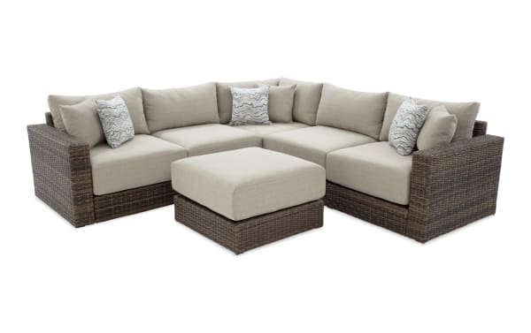 Modular Bob® 6 Piece Beige & Brown Wicker Outdoor Conversation Set with Ottoman, transitional style with beige polyester cushions, all-weather wicker, and rust-proof aluminum frame.