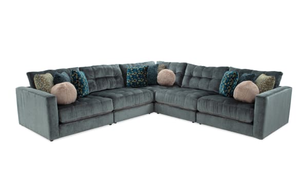 Jewels Emerald 131'' 5-piece modular sectional in emerald green polyester fabric with plush Bob-O-Pedic Gel Memory Foam cushions, glam style, includes 2 armless chairs, corner, left and right arm facing chairs, and decorative accent pillows.