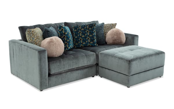 Jewels Emerald 92'' 3-piece modular sectional in emerald green polyester fabric with glam style, featuring Bob-O-Pedic Gel Memory Foam cushions, accent pillows, and a storage ottoman.
