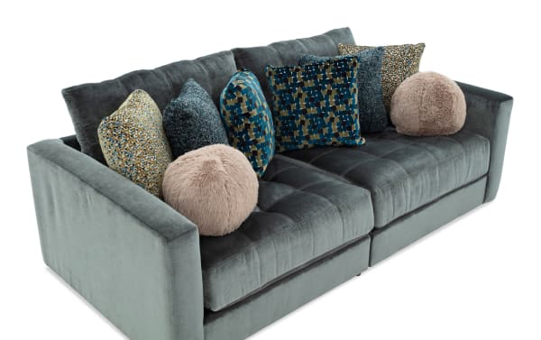 Jewels Emerald 92'' 2-piece modular loveseat in glam style, emerald green polyester fabric with plush Bob-O-Pedic Gel Memory Foam and mixed-pattern accent pillows.