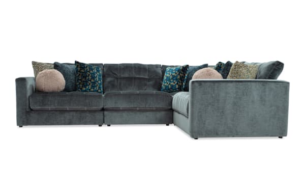 Jewels Emerald 92'' 4-piece modular sectional in emerald green polyester fabric with plush cushions, gel memory foam, and glam style accent pillows.