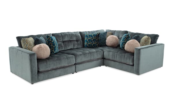 Emerald green Jewels 92" 4-piece modular sectional with plush polyester fabric, Bob-O-Pedic Gel Memory Foam cushions, and assorted accent pillows in glam style.