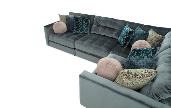 Jewels Emerald 92" 4-piece modular sectional in emerald green polyester fabric with plush Bob-O-Pedic Gel Memory Foam cushions, glam style, and decorative accent pillows.