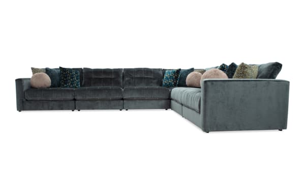 Emerald green Jewels 170'' 6-piece modular sectional sofa with plush polyester fabric, Bob-O-Pedic gel memory foam cushions, and mixed patterned accent pillows in glam style.
