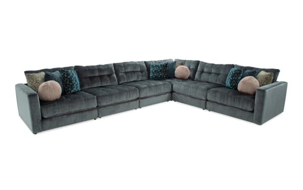 Emerald green Jewels 170" 6-piece modular sectional sofa in glam style, polyester fabric with plush Bob-O-Pedic Gel Memory Foam cushions and decorative accent pillows.
