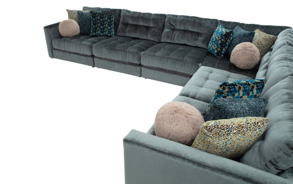 Emerald green Jewels 170'' 6-piece modular sectional with plush polyester fabric, Bob-O-Pedic gel memory foam cushions, and assorted accent pillows in glam style.