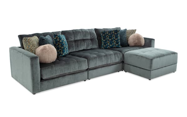 Emerald green Jewels 4-piece modular sectional with plush polyester fabric, Bob-O-Pedic gel memory foam cushions, accent pillows, and storage ottoman in glam style.