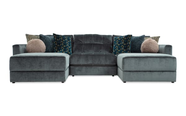 Emerald green Jewels 131'' 5-piece modular sectional with plush polyester fabric, glam style, gel memory foam cushions, accent pillows, and hidden storage.
