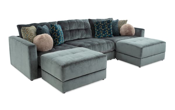 Jewels Emerald 131'' 5-piece glam modular sectional in green polyester fabric with Bob-O-Pedic gel memory foam, storage ottomans, and accent pillows.