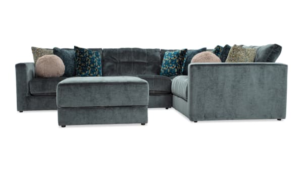 Emerald green Jewels 92" 5-piece modular sectional with plush polyester fabric, Bob-O-Pedic gel memory foam, accent pillows, and storage ottoman.