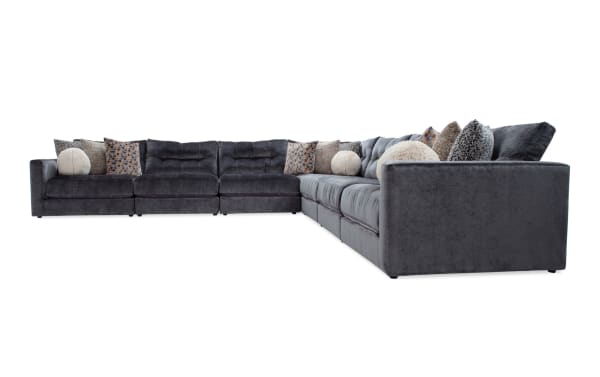 Charcoal gray Jewels 170'' 7-piece modular sectional sofa with plush polyester fabric, Bob-O-Pedic gel memory foam cushions, and assorted accent pillows.