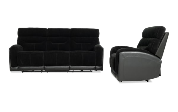 Black reclining sofa set with plush cushioned seats and backrests, featuring soft fabric upholstery and leather accents on armrests and base, shown from front and side views.