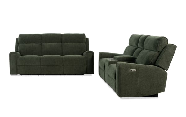 Dark green fabric reclining sofa set with plush cushions, cup holders, and adjustable headrests, designed for living room comfort and style.