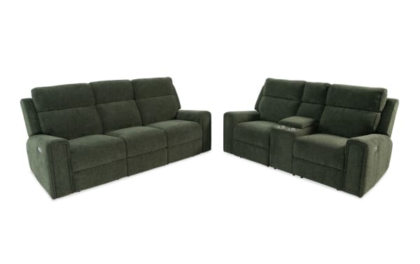 Dark green fabric reclining sofa set with a three-seater couch and a loveseat featuring cup holders and padded armrests, designed for comfort and style.