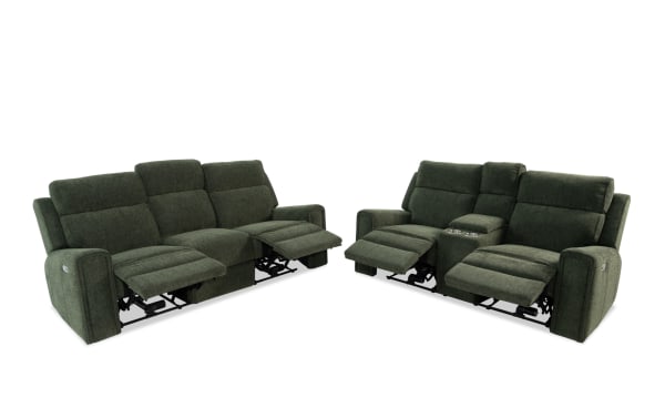 Dark green fabric reclining sectional sofa set with cup holders, padded armrests, and adjustable footrests for living room comfort.