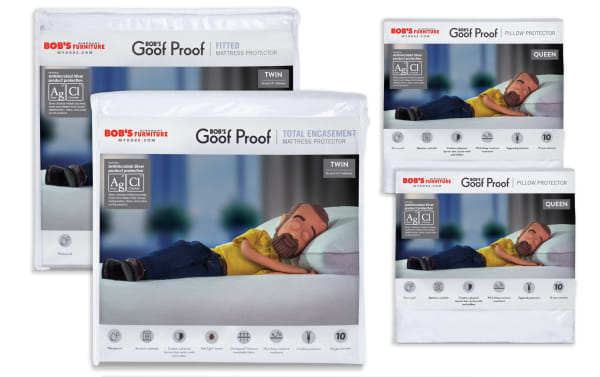 Best Twin Mattress & Pillow Protector Bundle by Bob's Goof Proof, nylon and cotton terry, white waterproof mattress encasement with zipper, fitted mattress protector, and zippered pillow protectors, breathable, mold and mildew resistant, six-sided mattress protection.