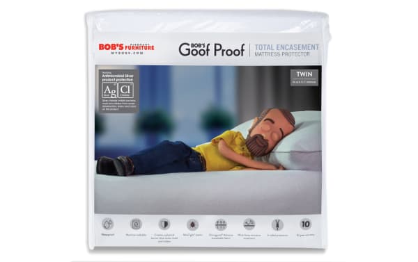 Bob’s Goof Proof Total Encasement Mattress Protector in white nylon and cotton terry, twin size with antimicrobial silver protection, waterproof, breathable, and mite-resistant.