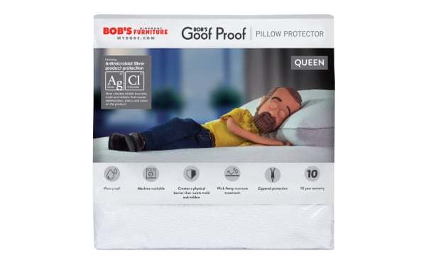 Bob’s Goof Proof Queen Pillow Protector in white nylon and cotton terry with antimicrobial silver protection. Waterproof, machine washable, zippered, mold and mildew resistant, with a 10-year warranty.